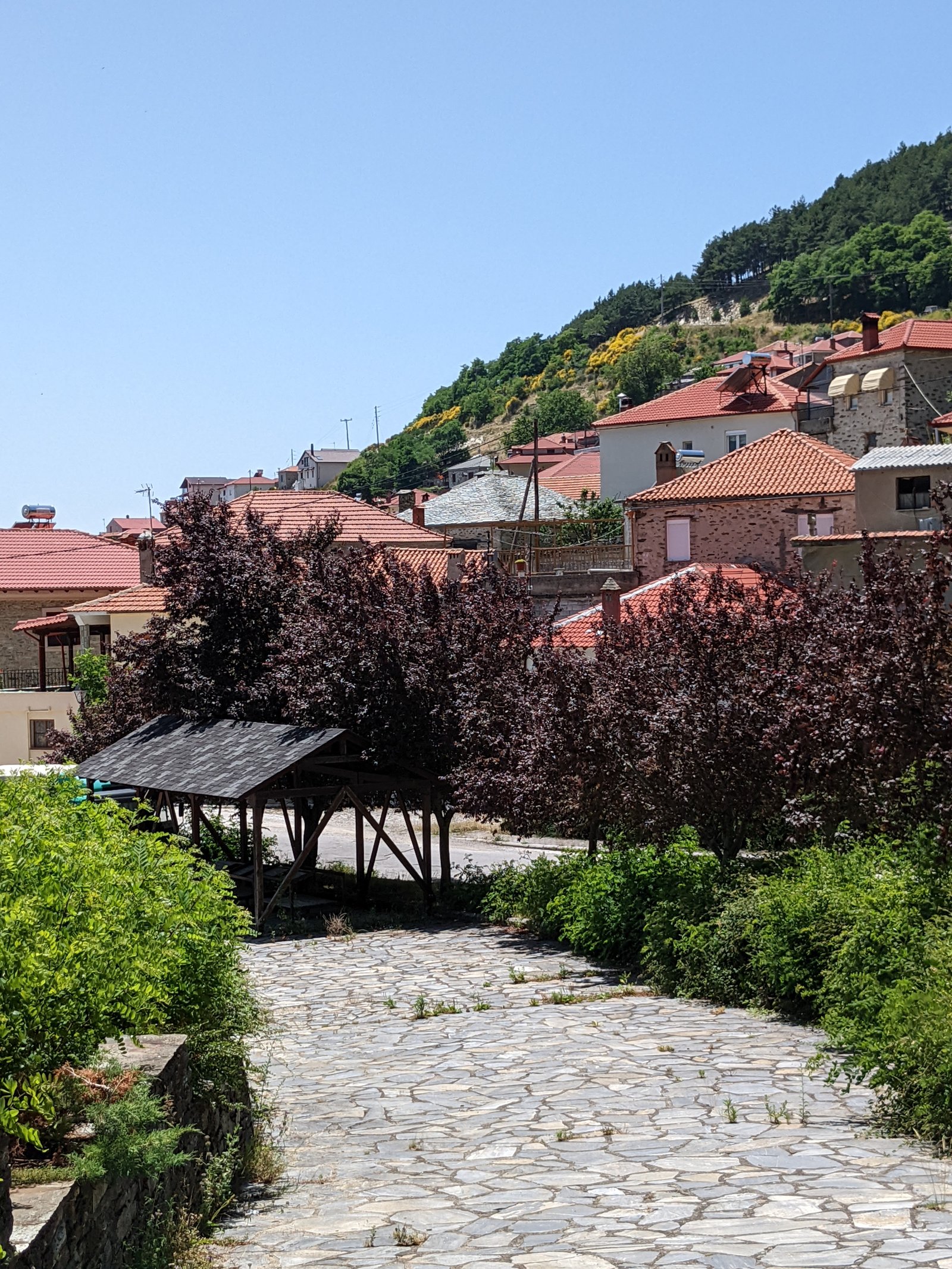 Stone path in Livadi's central square in summer, where the traditional kafeneia are