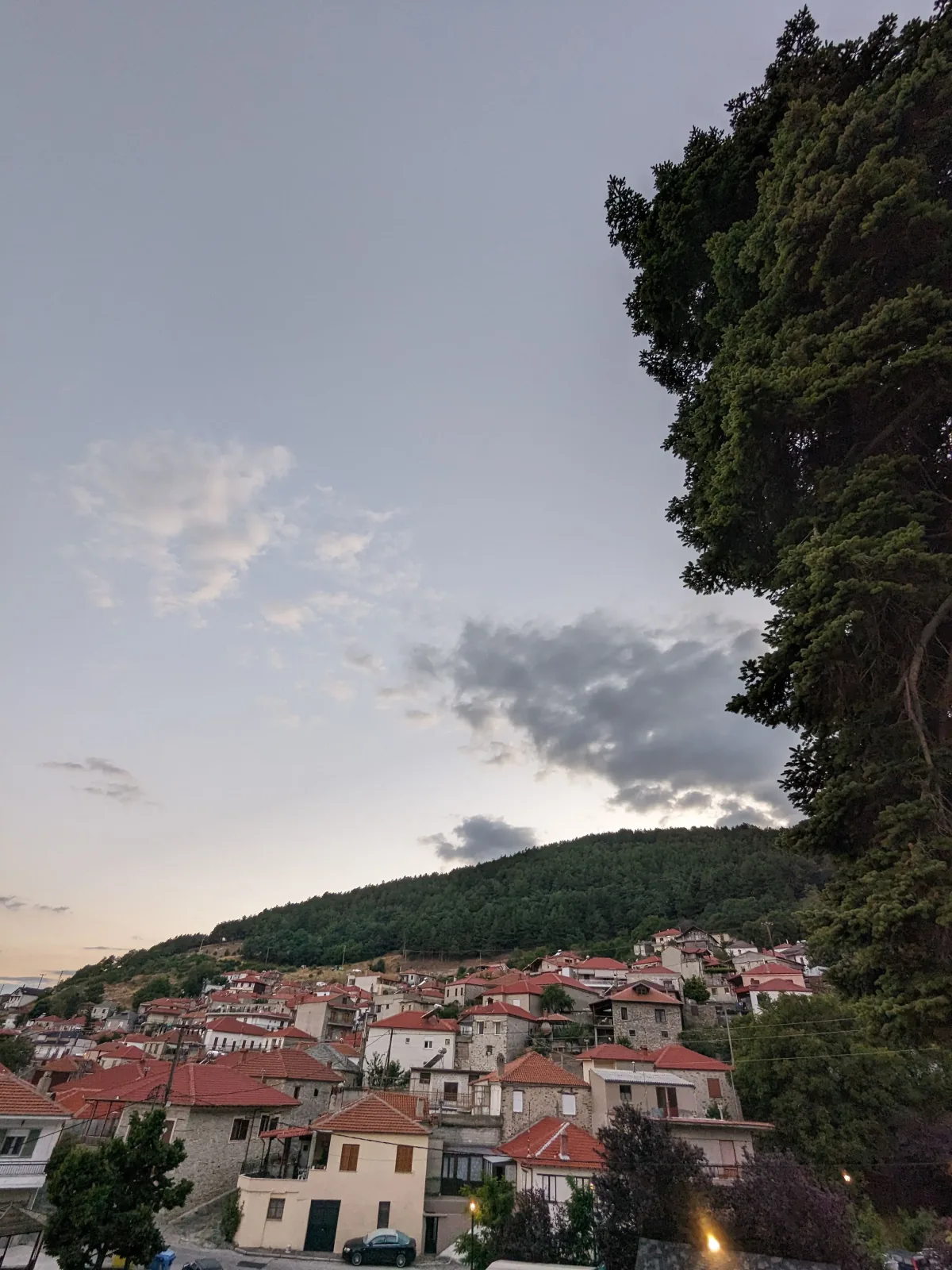 Άγαλμα και ελληνική σημαία στην πλατεία του Λιβαδίου το σούρουπο